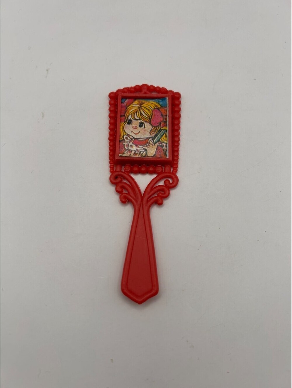 Vintage Red Toy Hand Mirror Blonde Girl Doll Vanity Novelty